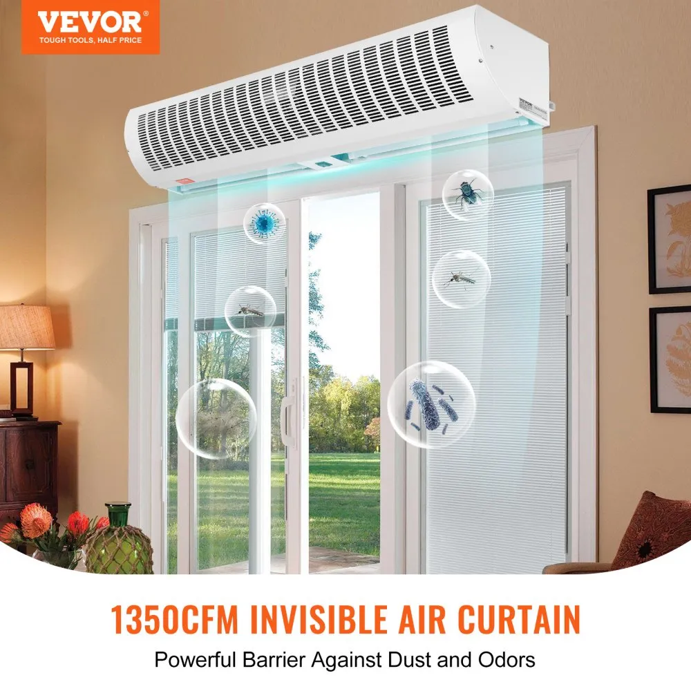 VEVOR 1,1 m luchtgordijn, 2 snelheden, 2292 m3/u, wandgemonteerde luchtgordijnen voor deuren, bovendeurventilator met zware eind