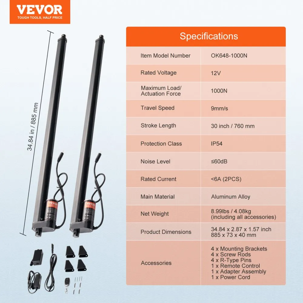 VEVOR 2DELIGE LINEAIRE ACTUATORSET 760 MM HOGE SNELHEID LINEAIRE ACTUATOR MET 9 MM/S 12V 220LBS/1000N LINEAIRE ACTUATOR VOOR HE
