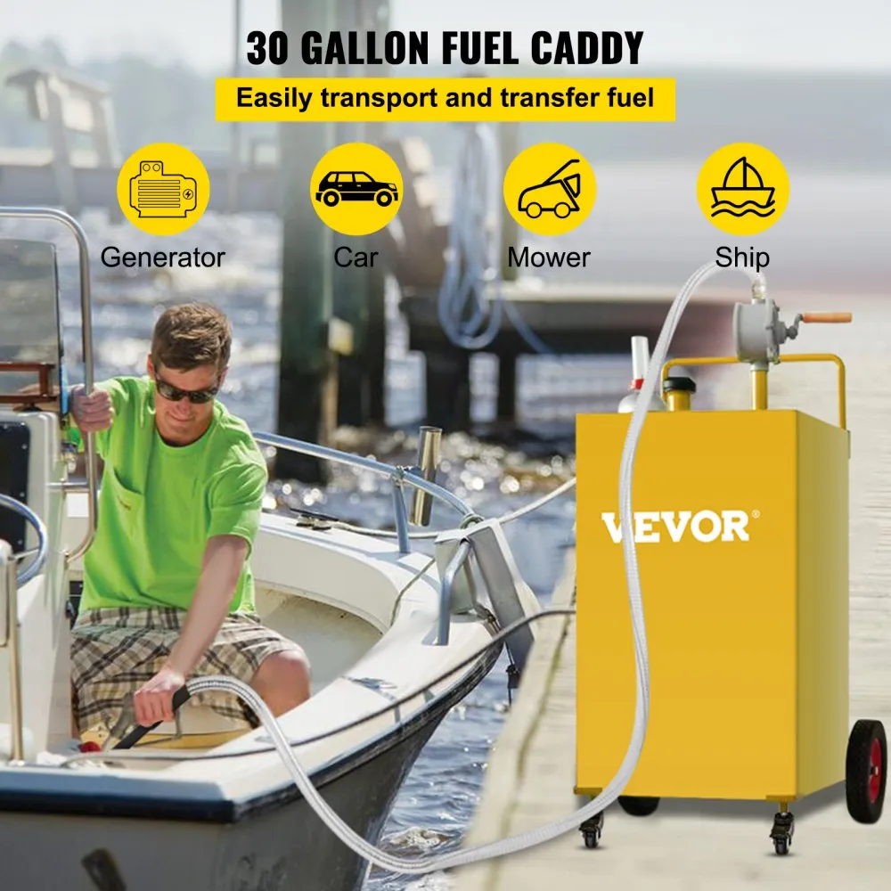 VEVOR 30 GALLON BRANDSTOFTANK, GASOPSLAGTANK EN 4 WIELEN MET HANDMATIGE TRANSFERPOMP, BENZINEDIESELBRANDSTOFTANK VOOR AUTO'