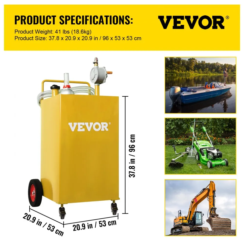 VEVOR 30 GALLON BRANDSTOFTANK, GASOPSLAGTANK EN 4 WIELEN MET HANDMATIGE TRANSFERPOMP, BENZINEDIESELBRANDSTOFTANK VOOR AUTO'