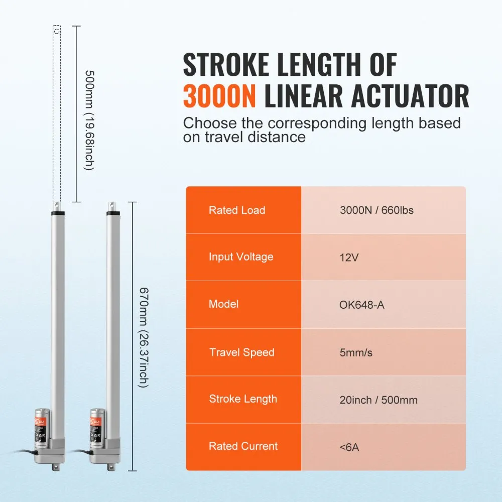 VEVOR 3000N Lineaire actuator DC 12V Lineaire aandrijving IP65 Elektrische lineaire motor 500 mm Slaglengte Geluidsniveau ≤60 dB
