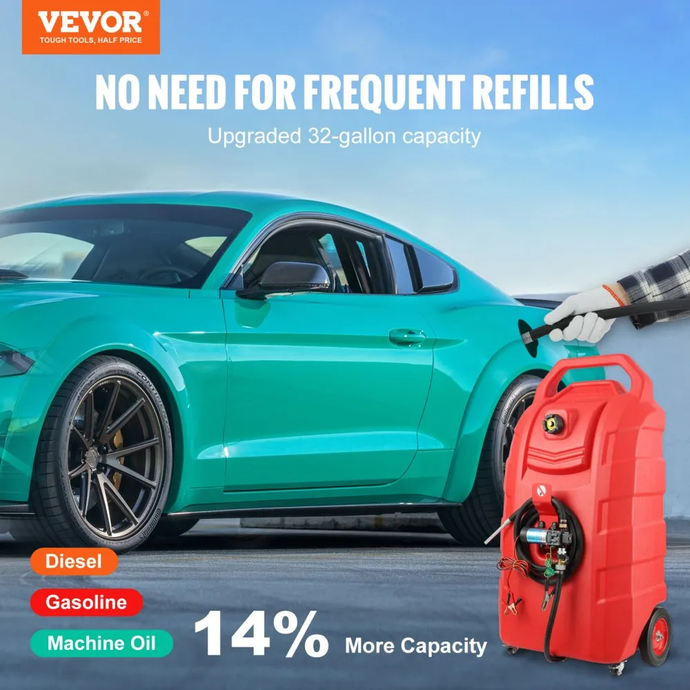 VEVOR 32 gallon brandstoftrolley Brandstofopslag op wielen met 12V DC 140W transferpomp (alleen diesel) Debiet dieselbrandstofta