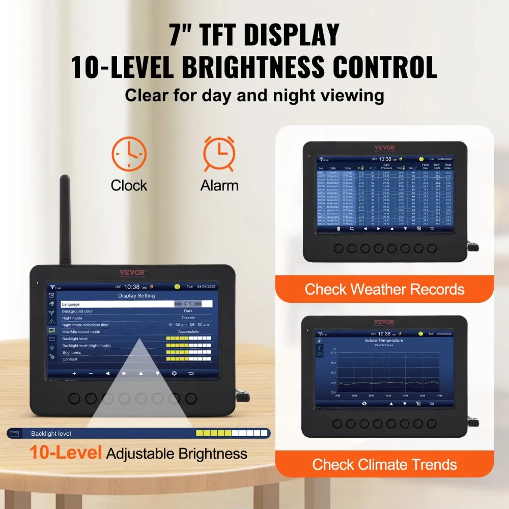 VEVOR 7IN1 WLANWEERSTATION 186 MM TFTDISPLAY DRAADLOZE BUITENSENSOR IPX6