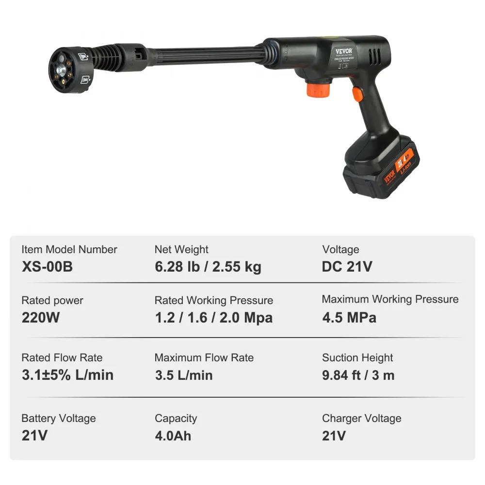 VEVOR ACCUHOGEDRUKREINIGER, BORSTELLOZE WATERDRUKREINIGER, SPUITPISTOOL, HOGEDRUKREINIGERPISTOOL (21 V, 50 BAR, VOOR MOBIEL REI