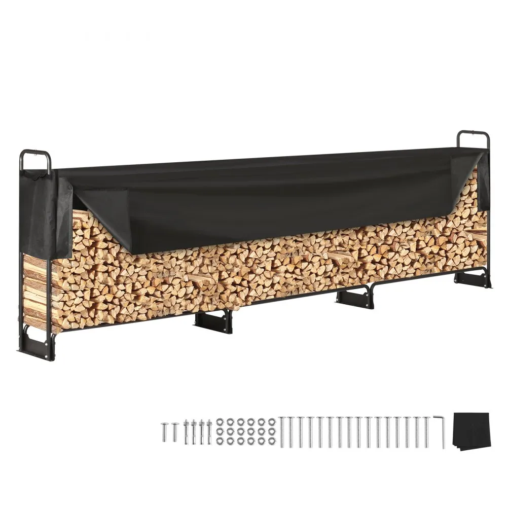 VEVOR brandhoutrek metaal 386x36x117cm brandhoutrek stalen frame gepoedercoat brandhout onderdak 400kg met waterdichte hoes stap