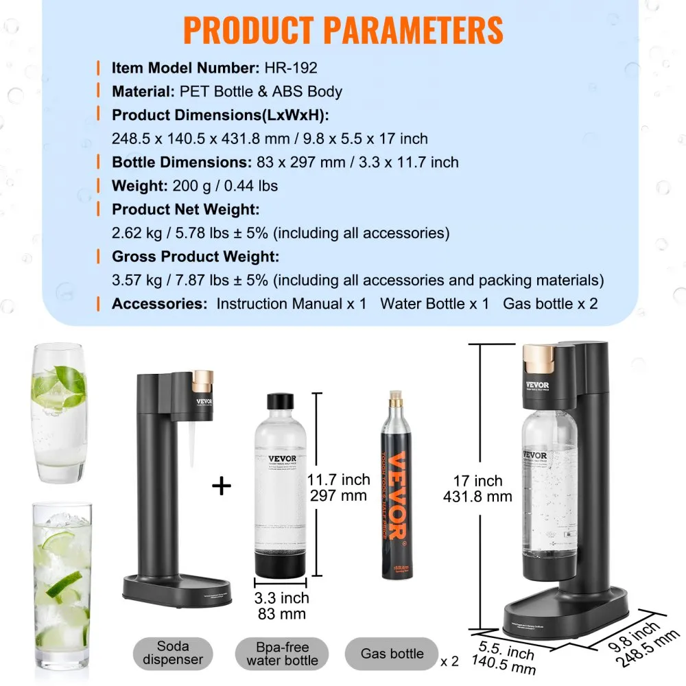 VEVOR BRUISWATERMACHINE WATERCARBONATOR FRISDRANKMAKER, BRUISWATERSTARTSET MET BPAVRIJE 1 LITER PETFLES, 2 STUKS CO2FLESSEN, 