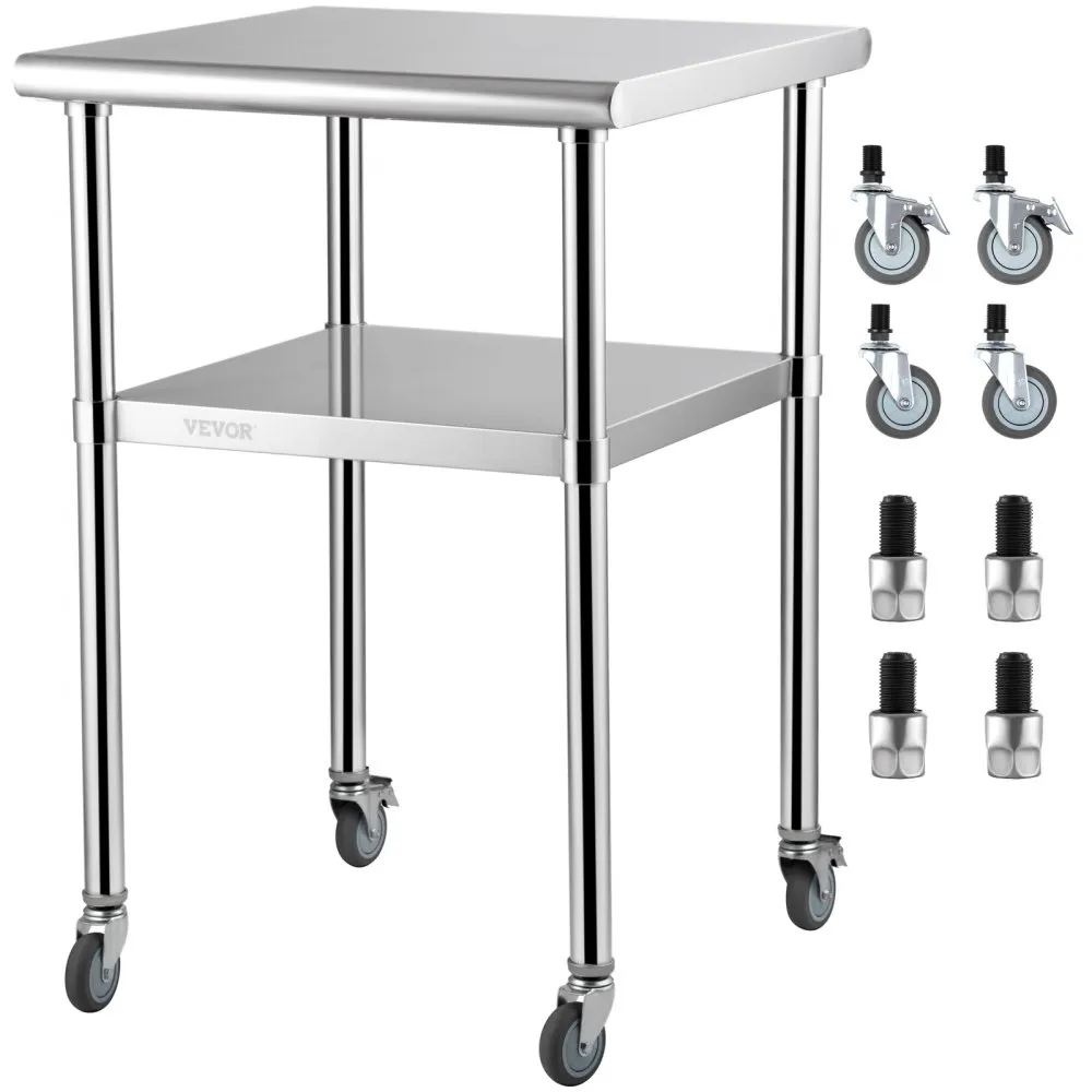 VEVOR commerciële roestvrijstalen tafel 61 x 61 x 91,4 cm, oprolbare tweelaagse werktafel demontagetafel gastro 181,4 kg + 91 kg