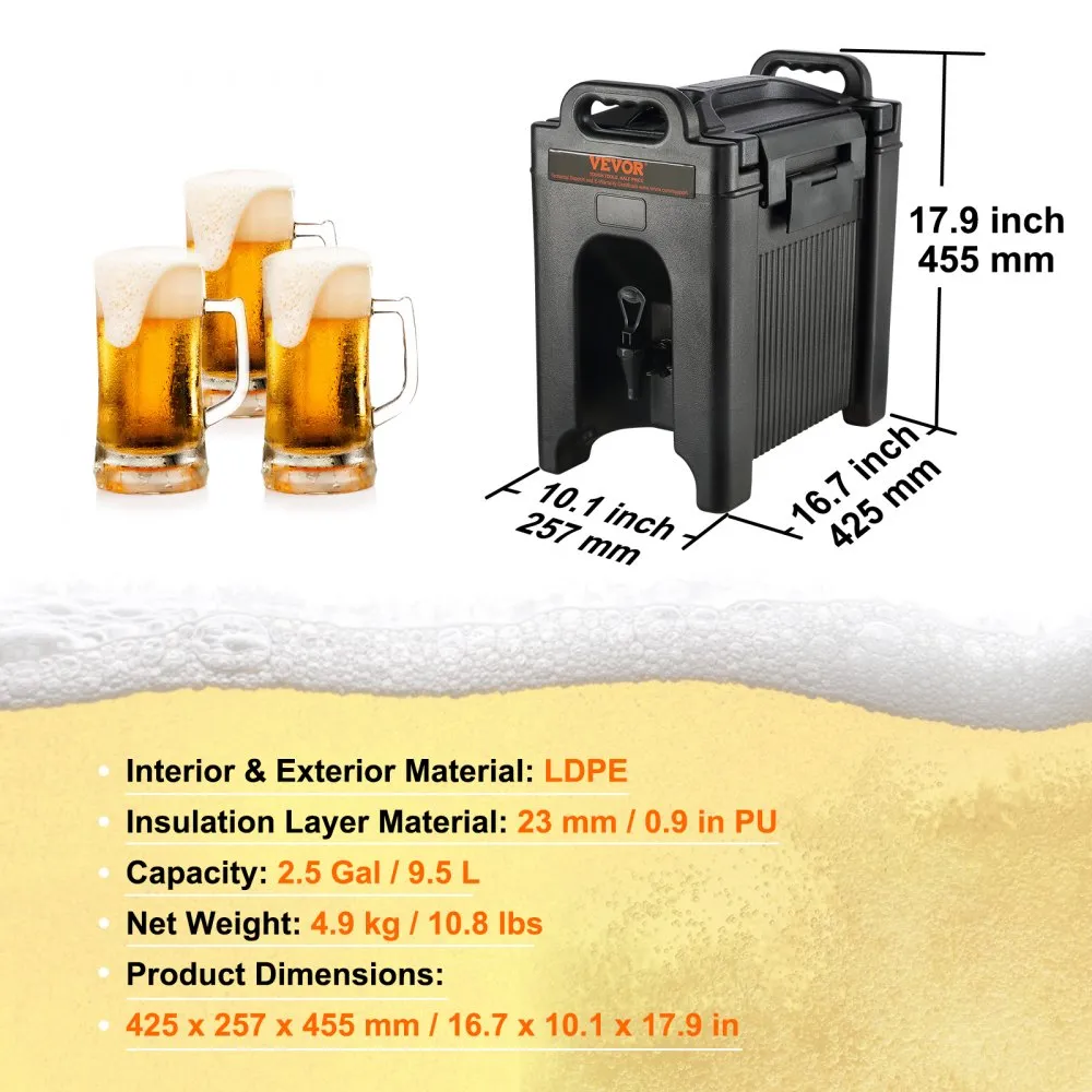 VEVOR DISPENSER VOOR WARME EN KOUDE DRANKEN DRANKENDISPENSER 9,5 L, LDPE HEET EN KOUDWATERFONTEIN GROTE DRANKENDISPENSER MET KR