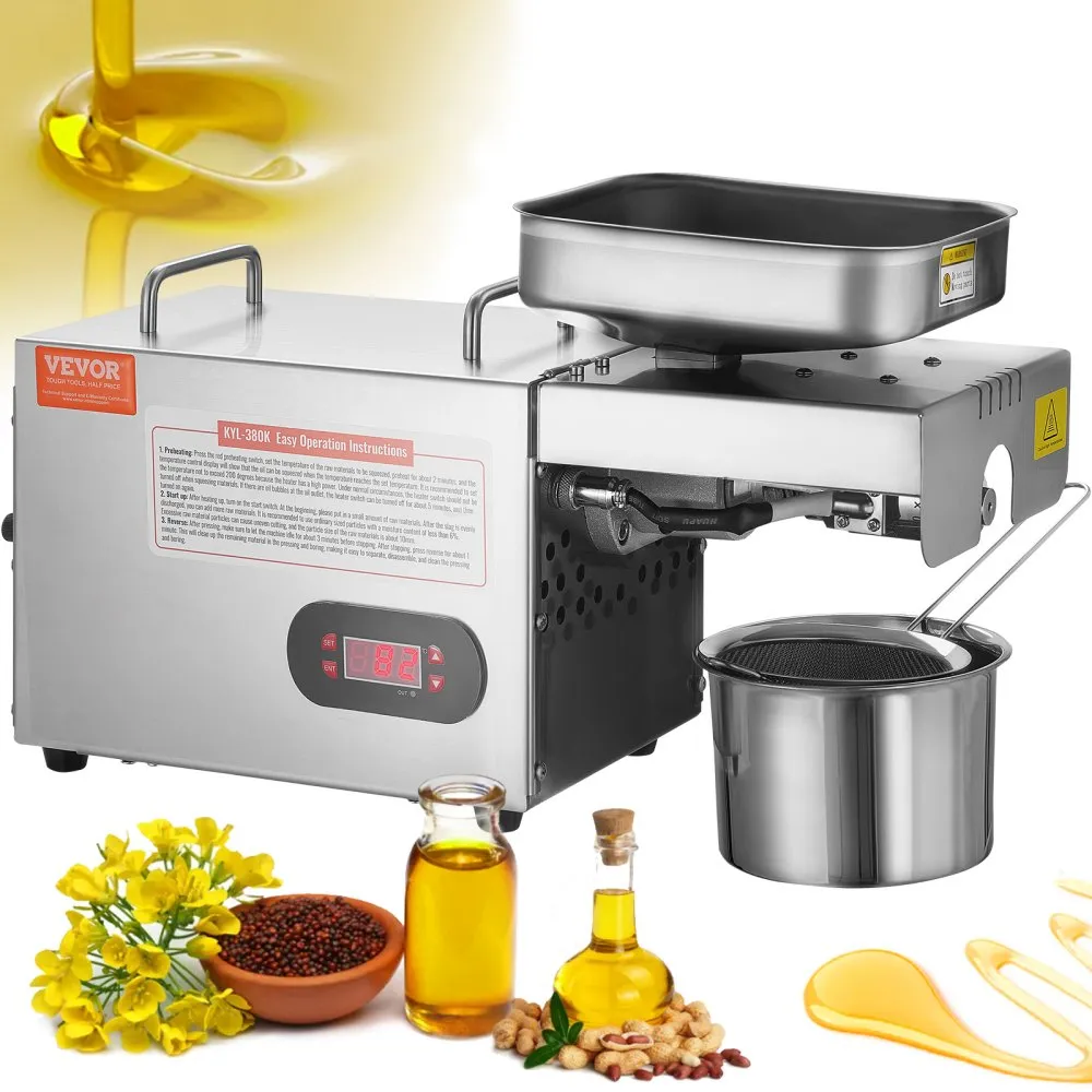 VEVOR ELEKTRISCHE OLIEPERS, 850 W ROESTVRIJSTALEN OLIEEXTRACTIEMACHINE, 0300 ℃ INSTELBARE TEMPERATUUR, HETE PERSOLIEPERS VOOR 