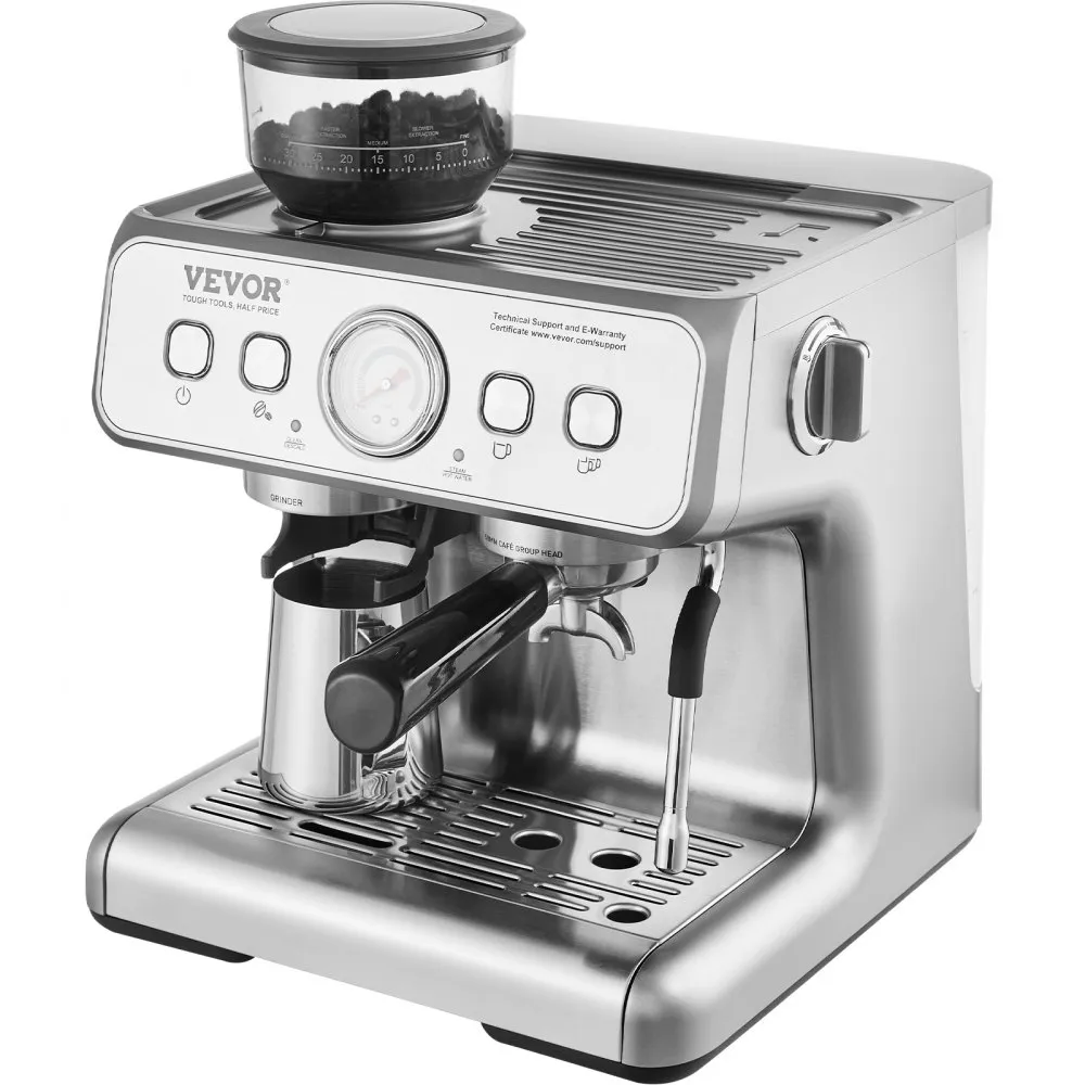 VEVOR espressomachine met molen, 15 bar halfautomatische espressomachine met melkopschuimer, stoompijpje, afneembaar waterreserv