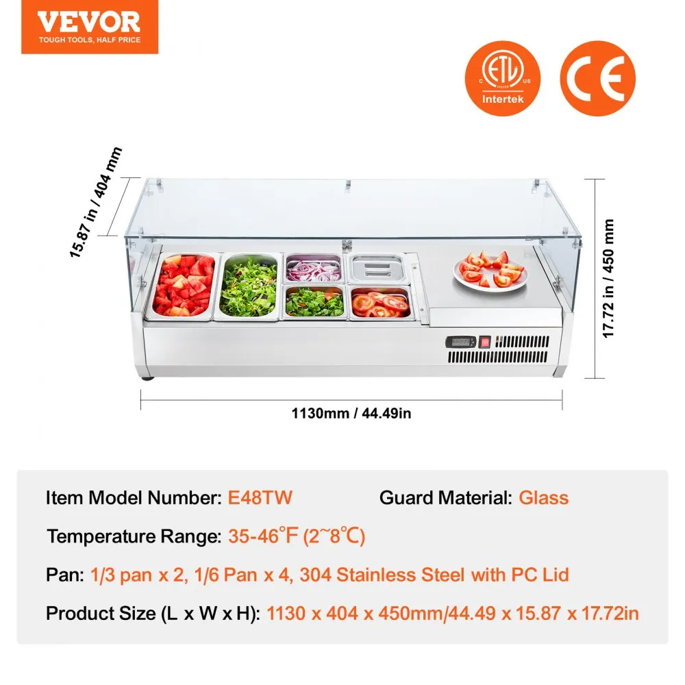 VEVOR Gekoeld kruidenstation op aanrecht, voorbereidingsstation met 2 x 1/3 pan en 6 x 1/6 pannen, 304 roestvrijstalen behuizing