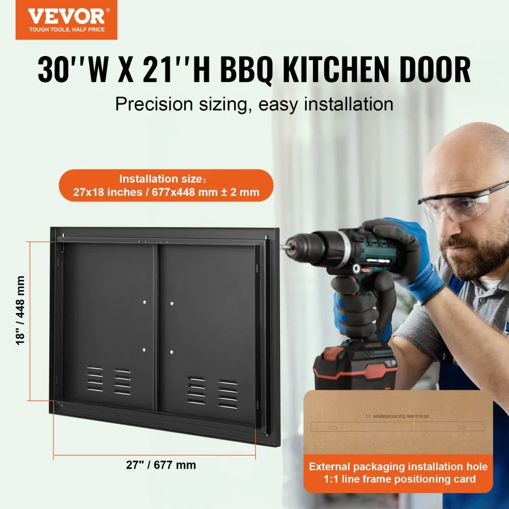 VEVOR grilltoegangsdeur, 762 x 533 x 46 mm, dubbele buitenkeukendeur, verzonken gemonteerde koude plaatdeur, verticale wanddeur 