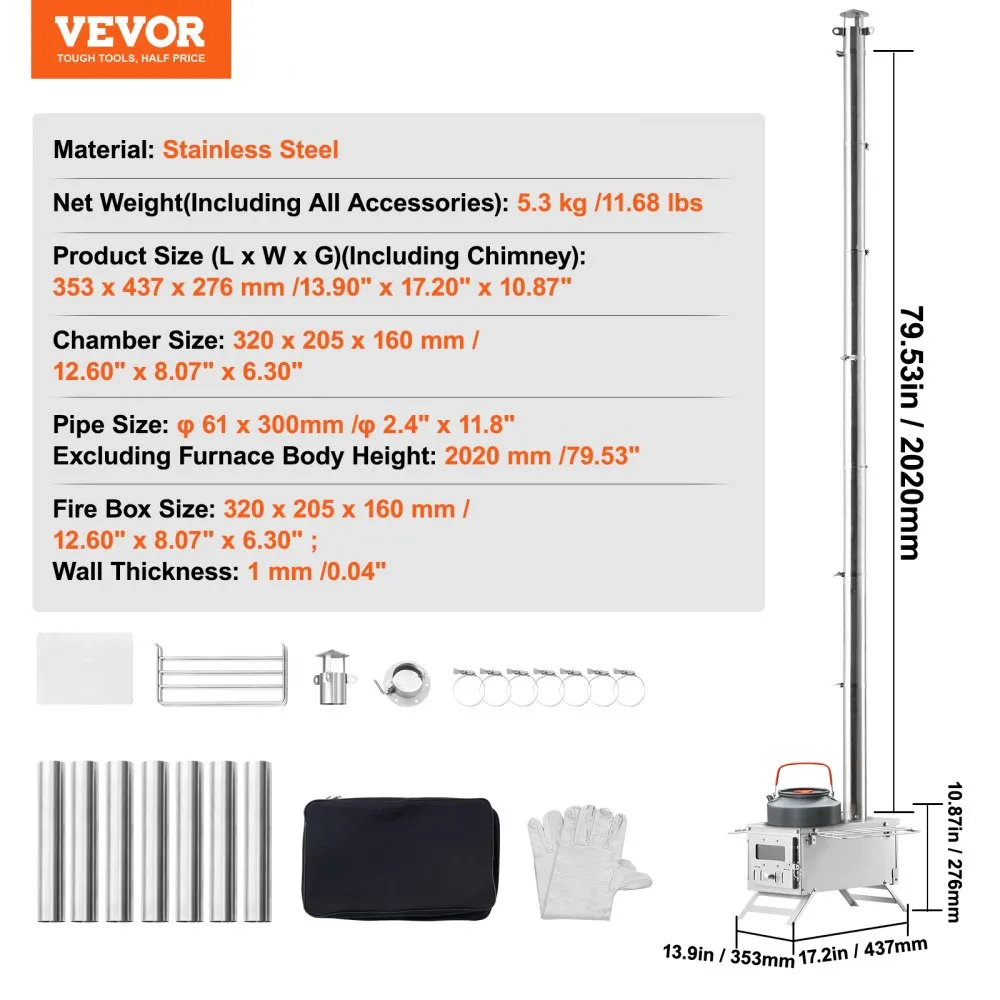 VEVOR houtkachel 80 inch campingtentkachel roestvrij staal draagbare houtkachel met schoorsteenpijpen en handschoenen 700 inch g