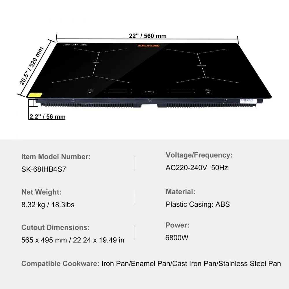VEVOR inductiekookplaat inductiekookplaat 6800 W, 4 platen inductiekookplaat touchscreen 9 verwarmingsniveaus, ingebouwde induct
