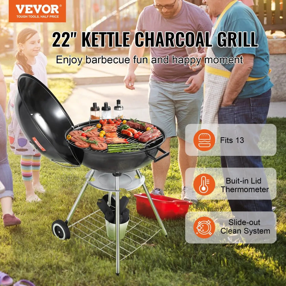 VEVOR Kettle houtskoolgrill kogelgrill 56 cm draagbaar, barbecue kogelgrill met deksel, heerlijke BBQ, picknickgrill met groot g