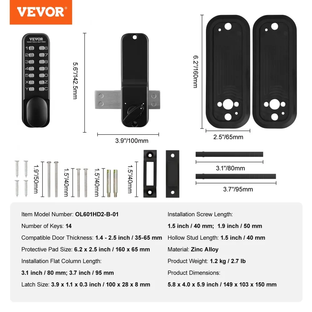 VEVOR KEYLESS DEURSLOT MET MECHANISCH CODESLOT, 40/50 MM RETROSTIJL 14 WACHTWOORDSLOT, 3565 MM DEURDIKTE COMBINATIECODE DEURSLO