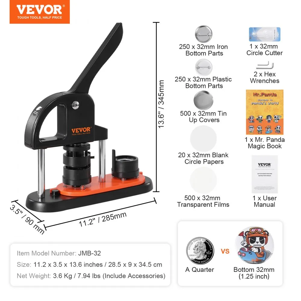 VEVOR knopenmachine knopenmaker machine 32 mm 500 stuks Badgeponsmachine, knopenpers, DIY badgepersmachine knopenbadgemaker voor