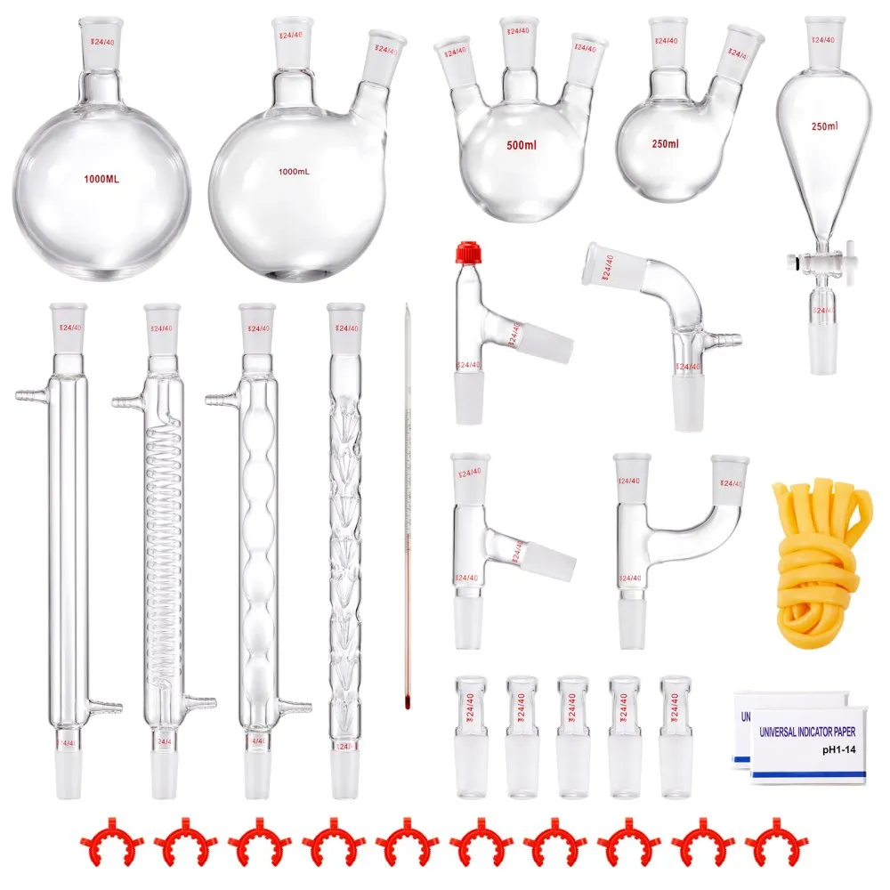 VEVOR laboratoriumdestillatiekit, 3.3 Boro laboratoriumglasdestillatiekit met 24 en 40 verbindingen, 1000 ml etherische oliedest