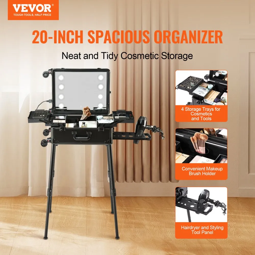 VEVOR MAKEUPKOFFER MET SLOT, VERLICHTE SPIEGEL, 4 OPBERGVAKKEN, BORSTELHOUDER, LUIDSPREKERREISCOSMETICAORGANIZER MET ZWENKWIEL