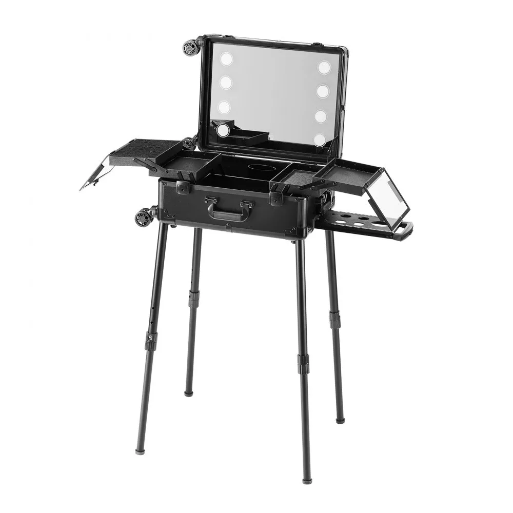 VEVOR MAKEUPKOFFER MET SLOT, VERLICHTE SPIEGEL, 4 OPBERGVAKKEN, BORSTELHOUDER, LUIDSPREKERREISCOSMETICAORGANIZER MET ZWENKWIEL