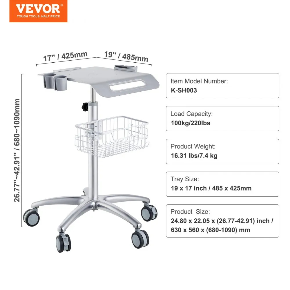 VEVOR MEDISCHE TROLLEY, SALONWAGEN MET WIELEN, MOBIELE TROLLEY 68109 CM IN HOOGTE VERSTELBAAR, METALEN SALONSTATIONS VOOR KAPPE