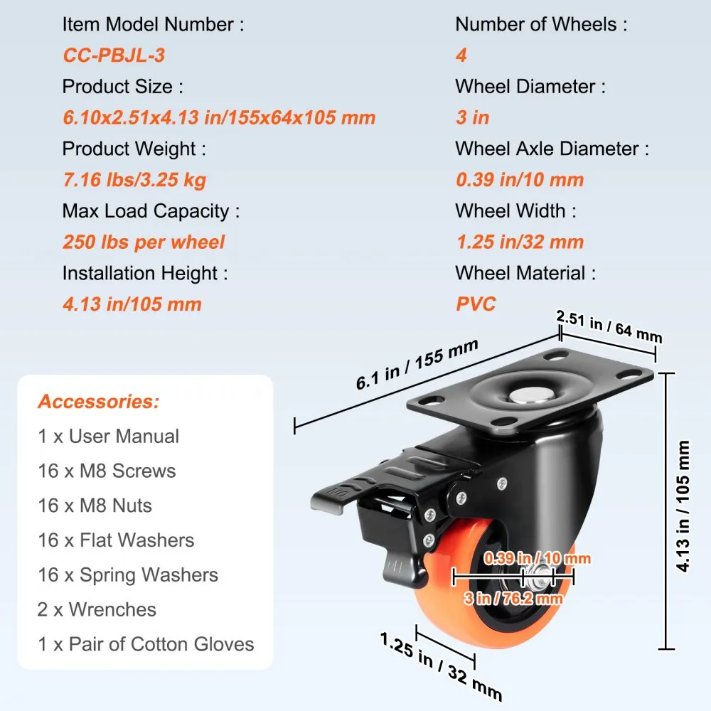 VEVOR MEUBELWIELEN SET VAN 4 ZWENKWIELEN PVC φ76,2 MM WIELEN 454 KG DRAAGVERMOGEN TRANSPORTWIELEN MET A/BREM BAKWIELEN 360° DRA