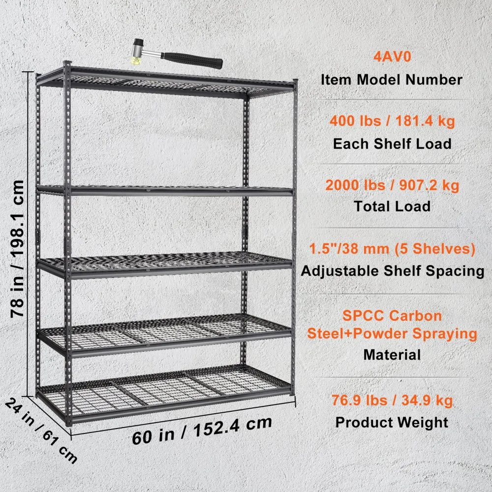 VEVOR opbergrek 5 niveaus verstelbaar 2000lb capaciteit garageplanken metalen organisator draadplank zwart 60" x 24" x