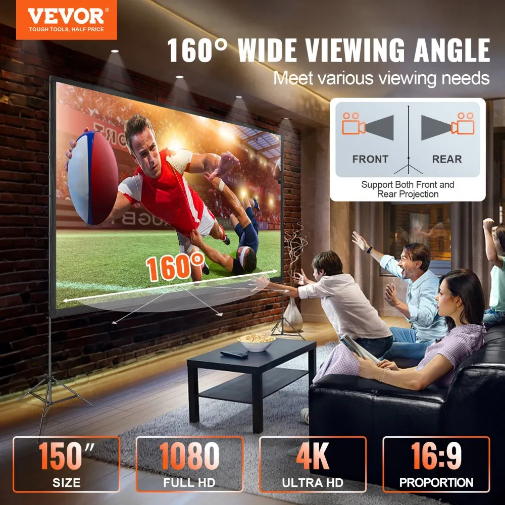 VEVOR Projectieprojectiescherm met standaard 150 inch HD 4K Outdoor Indoor Projectiescherm Snel opvouwbaar Draagbaar filmscherm 