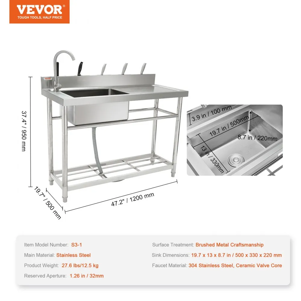 VEVOR roestvrijstalen spoelbak, vrijstaande commerciële keukengootsteenset met enkele bak en werkbank, 50 x 33 x 22 cm enkele sp