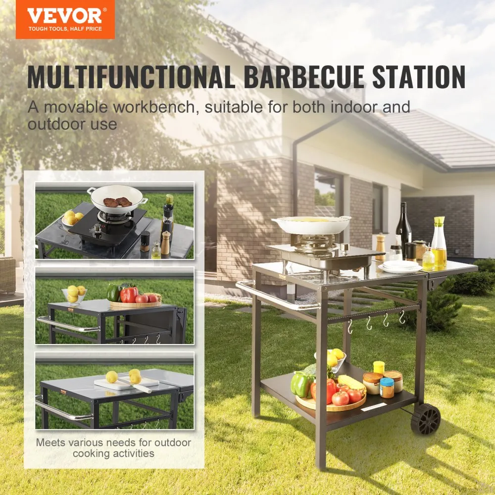 VEVOR serveerwagen keukenwagen 97,2 x 64 x 75,5 cm buitengrill eetwagen met dubbele plank, verplaatsbare grilltafel voor voedsel