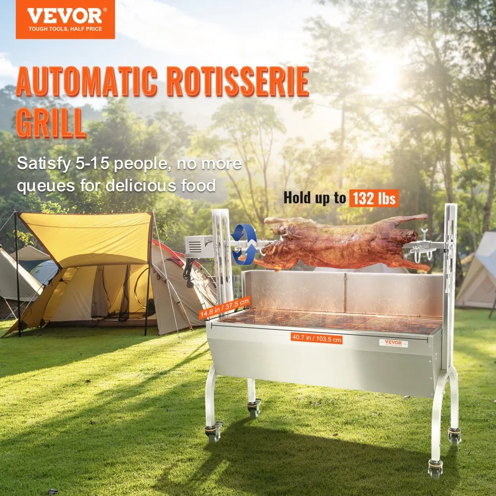 VEVOR SPEENVARKENSGRILL LAMSGRILL 117 CM, 60 KG RVS ROTISSERIE 4TRAPS IN HOOGTE VERSTELBAAR, 50 W 2 IN 1 BBQ ROTISSERIE GRILL I
