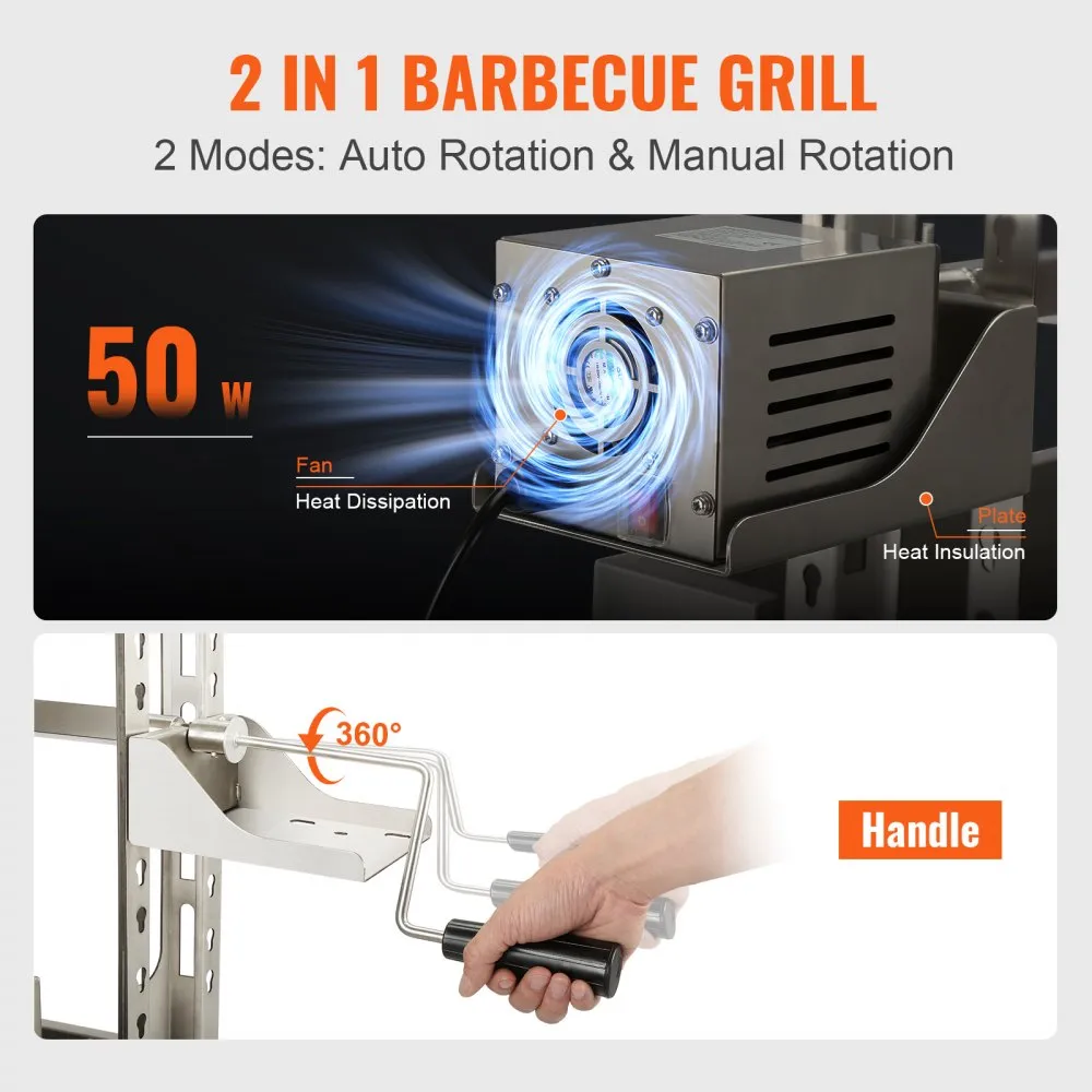 VEVOR SPEENVARKENSGRILL LAMSGRILL 117 CM, 60 KG RVS ROTISSERIE 4TRAPS IN HOOGTE VERSTELBAAR, 50 W 2 IN 1 BBQ ROTISSERIE GRILL I
