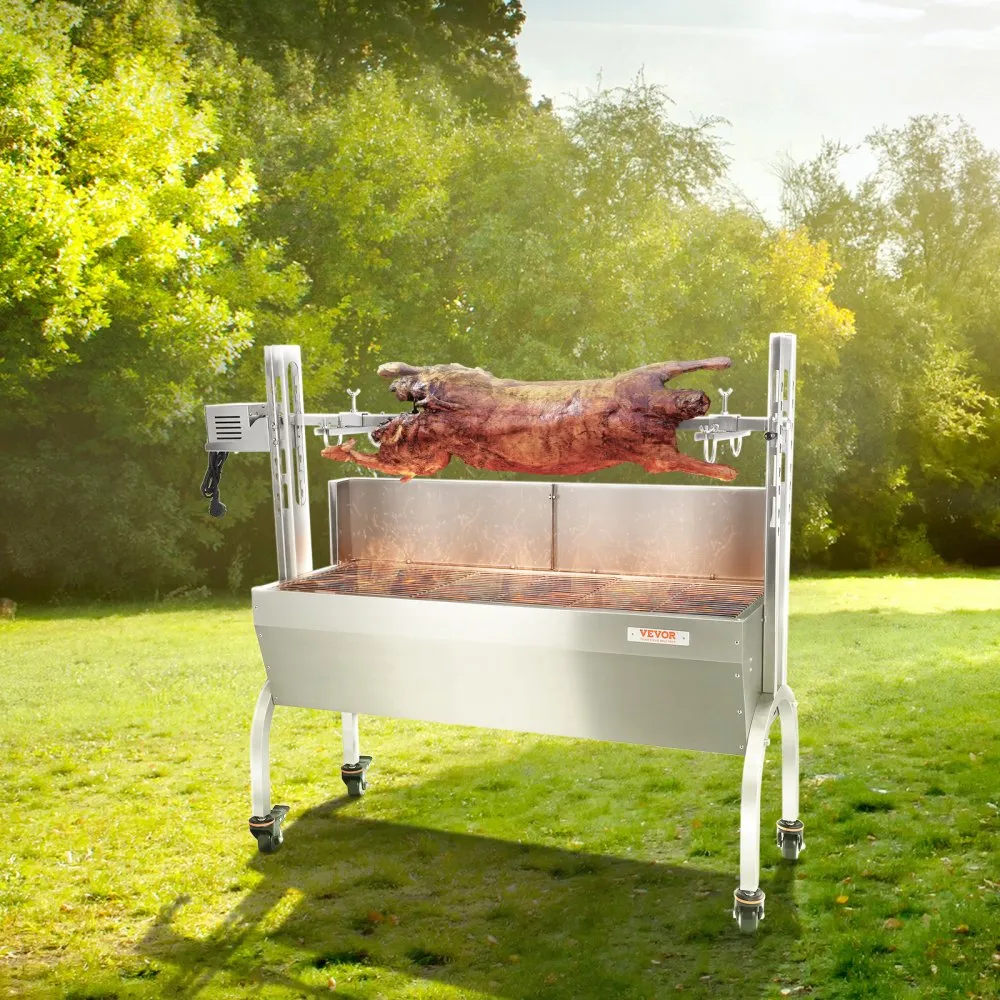 VEVOR SPEENVARKENSGRILL LAMSGRILL 117 CM, 60 KG RVS ROTISSERIE 4TRAPS IN HOOGTE VERSTELBAAR, 50 W 2 IN 1 BBQ ROTISSERIE GRILL I
