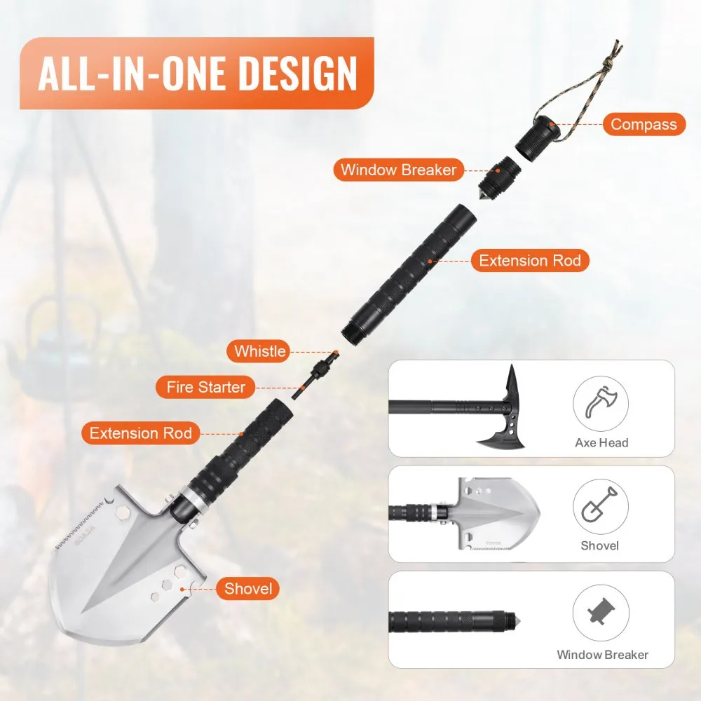 VEVOR SURVIVAL SHOVEL SURVIVAL AXE 28IN1 CAMPING OPVOUWBARE SPADE MET BIJL