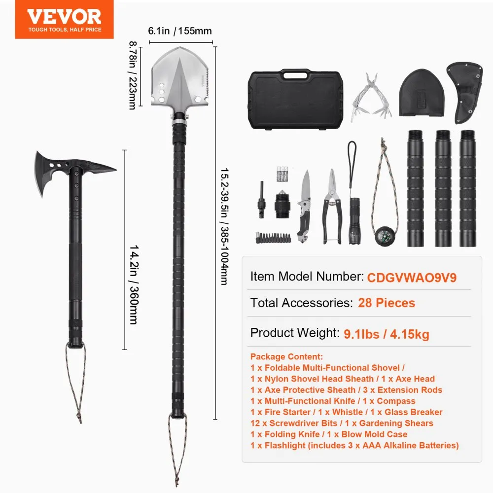 VEVOR SURVIVAL SHOVEL SURVIVAL AXE 28IN1 CAMPING OPVOUWBARE SPADE MET BIJL