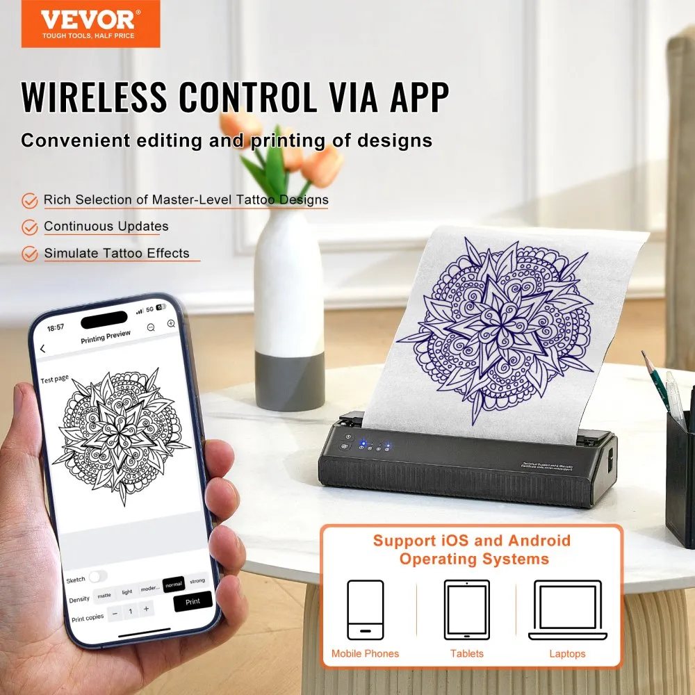 VEVOR TATTOO TRANSFERSJABLOONPRINTER, DRAADLOZE BLUETOOTHTATOEAGESJABLOONPRINTER MET 10 STUKS TRANSFERPAPIER EN STOFFEN ZAK, 
