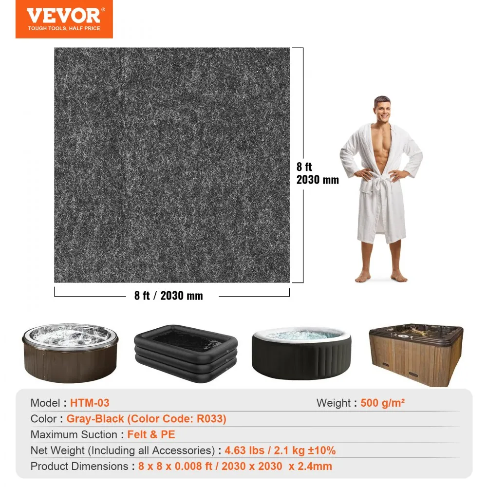 VEVOR zwembadonderlegger 500 g/m² whirlpoolmat 2030 x 2030 x 1,9 mm vloerzeil vilt & PE vloerbescherming ondervloermat besch